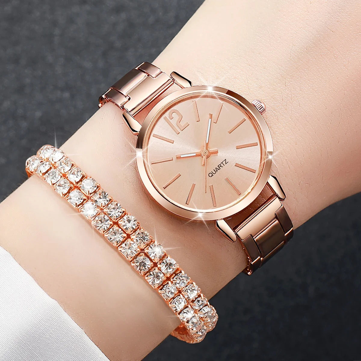 Women's Steel Band Quartz Watch & Diamond Bracelet Set – 6PCS Fashion Wristwatch