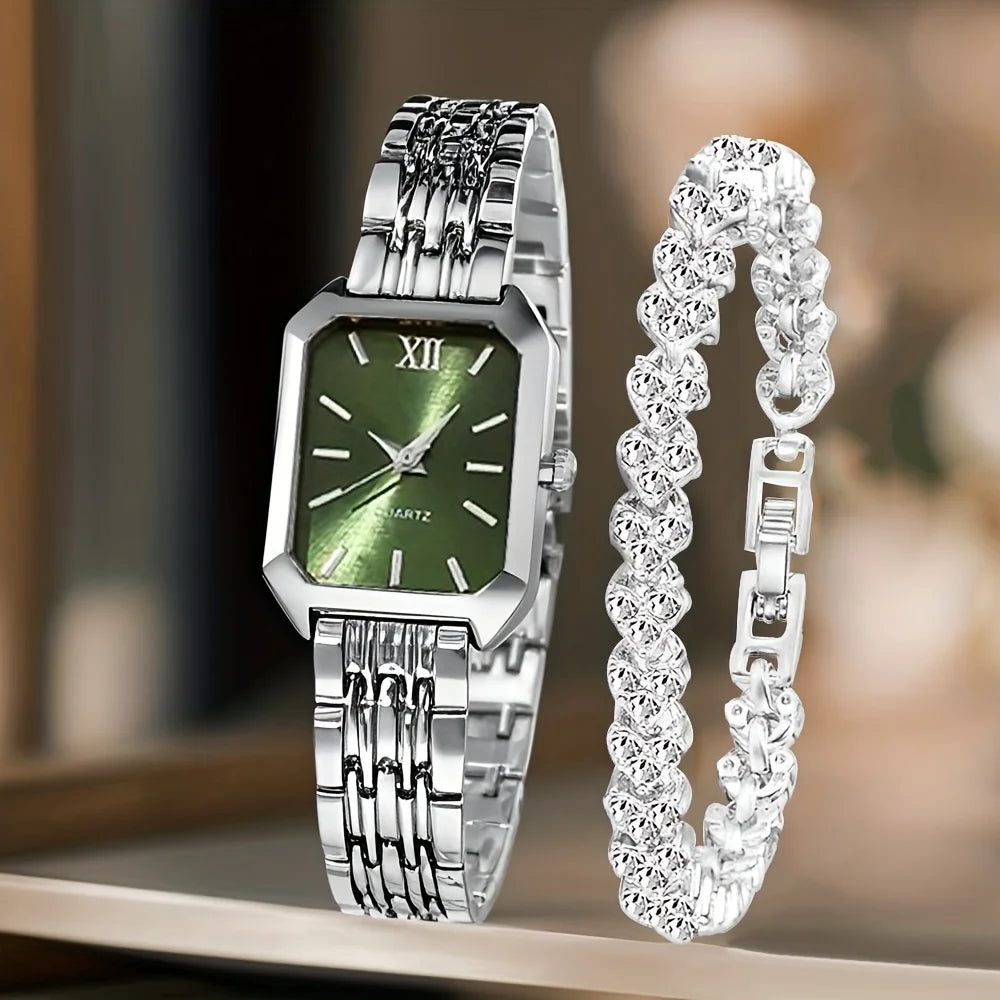 Fashion Rectangle Women's Quartz Watch & Rhinestone Bracelet Set – 2PCS Roma Dial Wristwatch