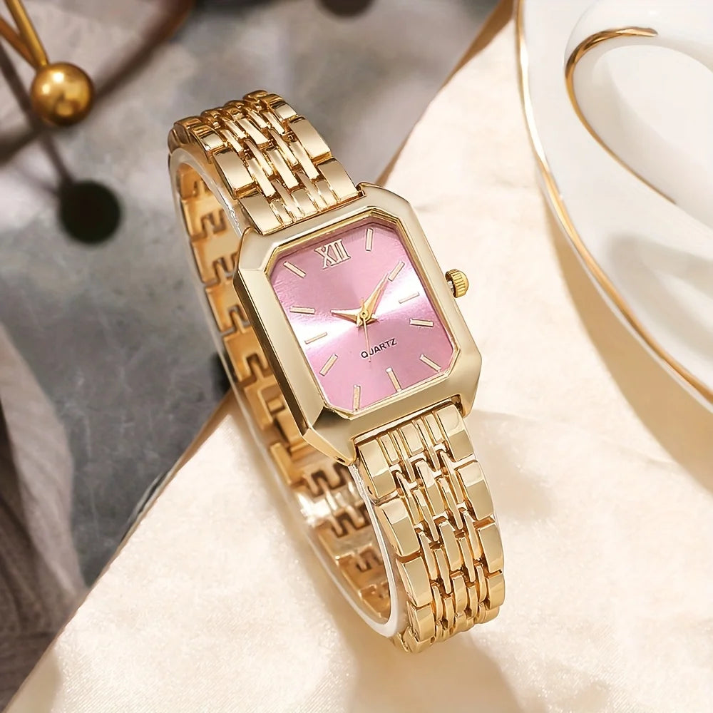 Elegant Rectangle Women's Quartz Watch & Rhinestone Jewelry Set – 6PCS Ladies Wristwatch