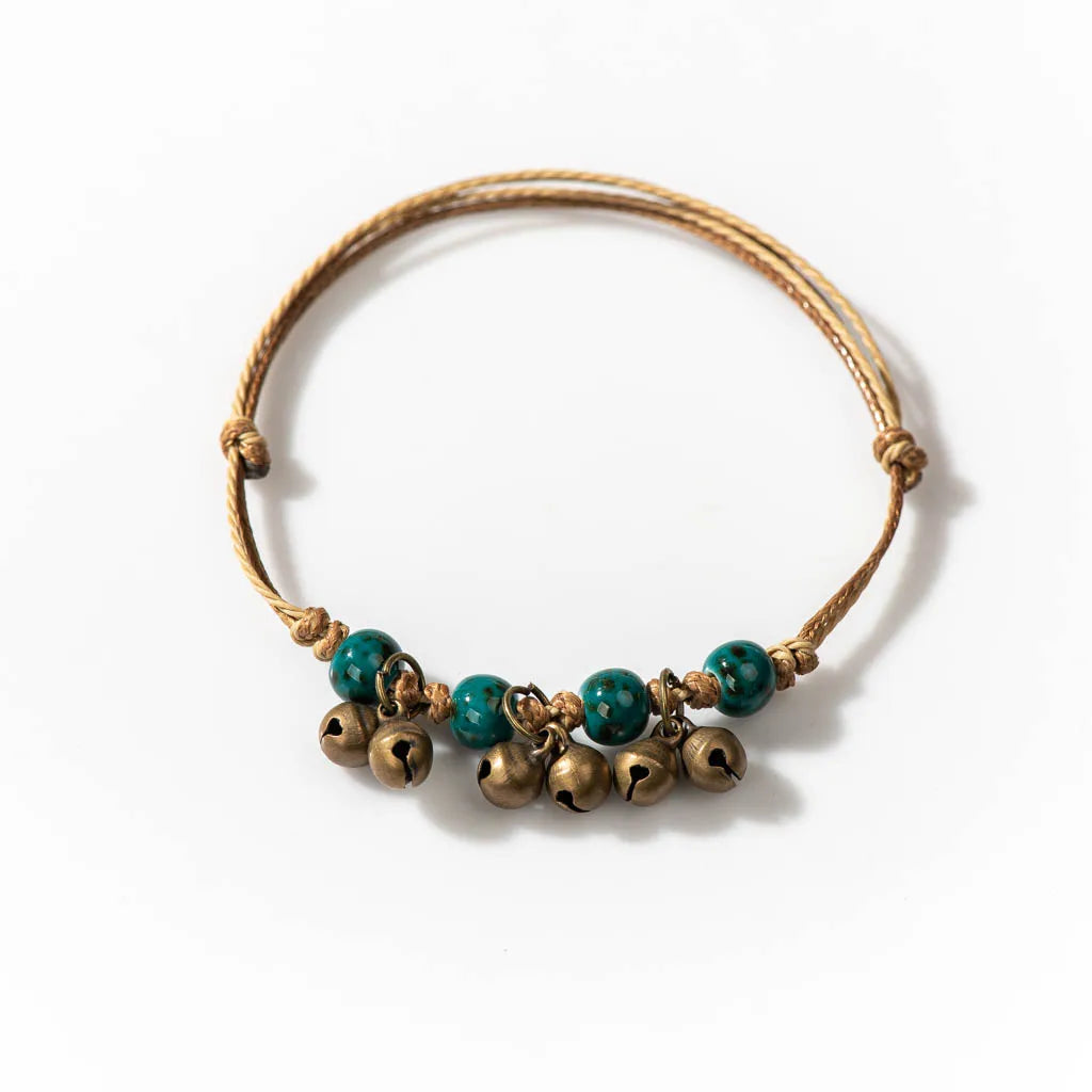 Handmade Ceramic Bead Bracelet with Small Bell – Adjustable Artisan Jewelry Gift