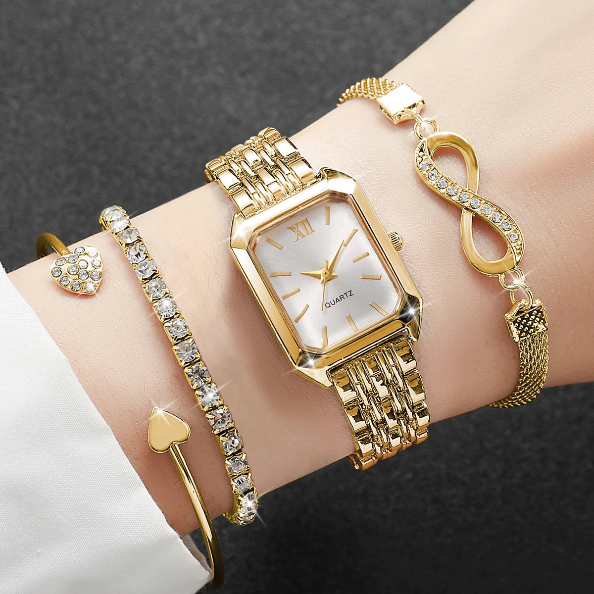 Elegant Rectangle Women's Quartz Watch & Rhinestone Bracelet Bangle Set – 4PCS Ladies Wristwatch