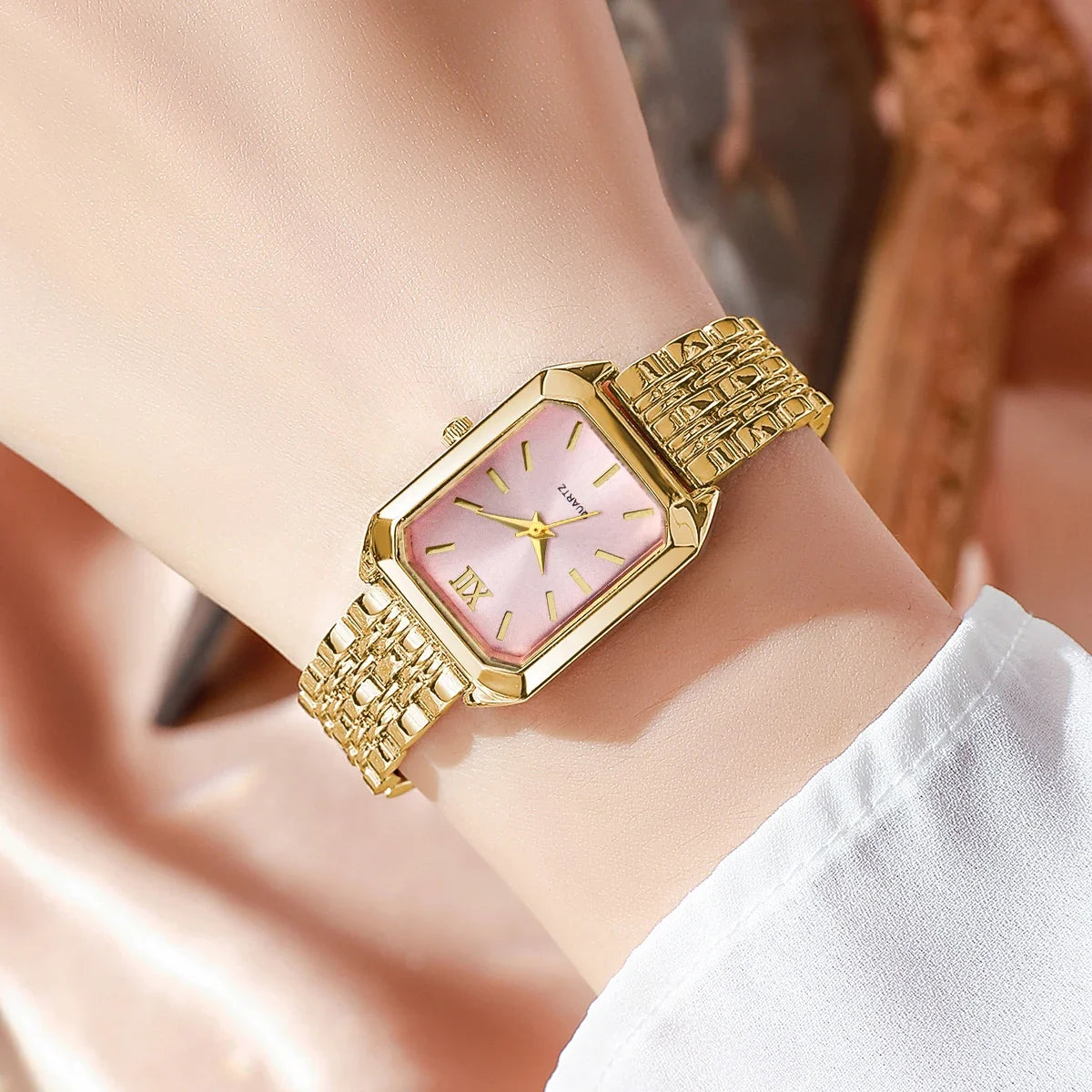 Fashion Rectangle Women's Quartz Watch & Rhinestone Bracelet Set – 2PCS Roma Dial Wristwatch