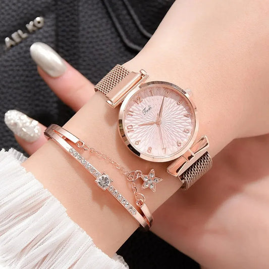 2PCS Set Women's Watch Set Trendy Pink Design Mesh Belt Alloy Wristwatch Fashionable Timepiece Quartz Watch Lady