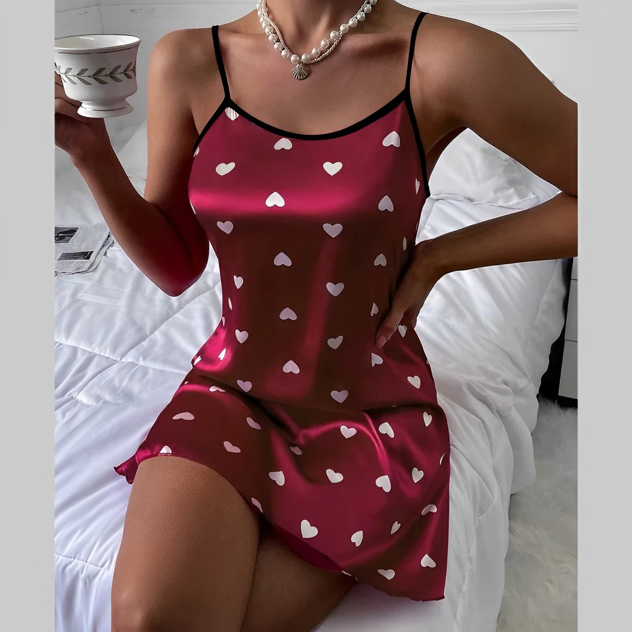 Sexy love print slip nightdress in imitation silk.