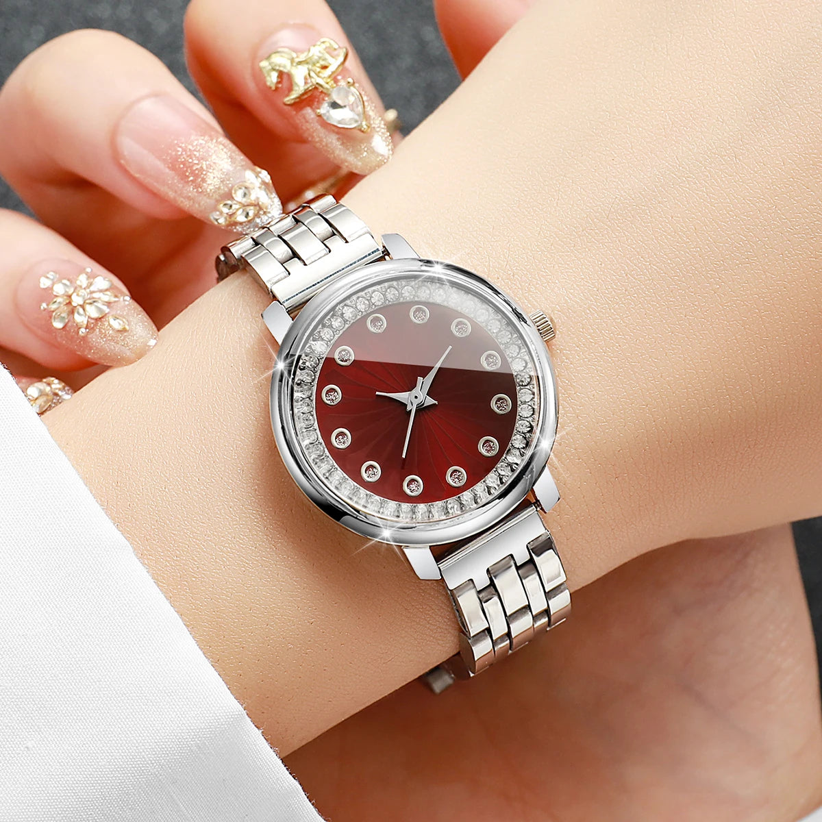 Luxury Red Dial Rhinestone Women's Quartz Watch – Stainless Steel Elegant Wristwatch