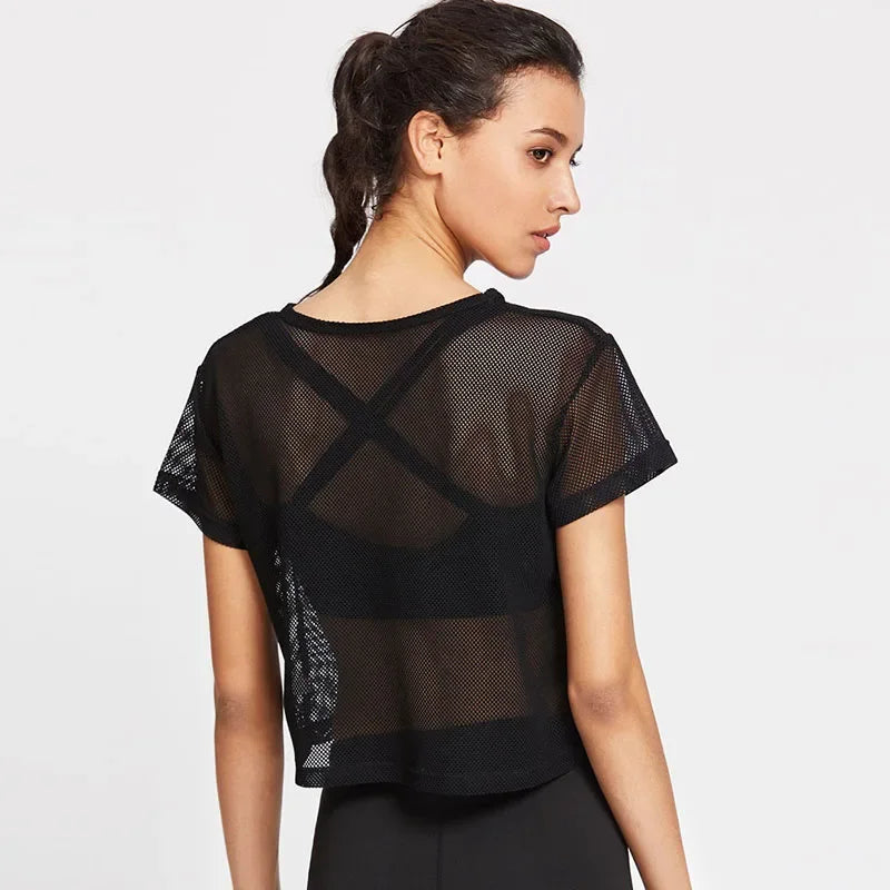 Quick-Dry Women’s Mesh Yoga Shirt, Sexy Short Sleeve, Comfortable for Workouts and Running