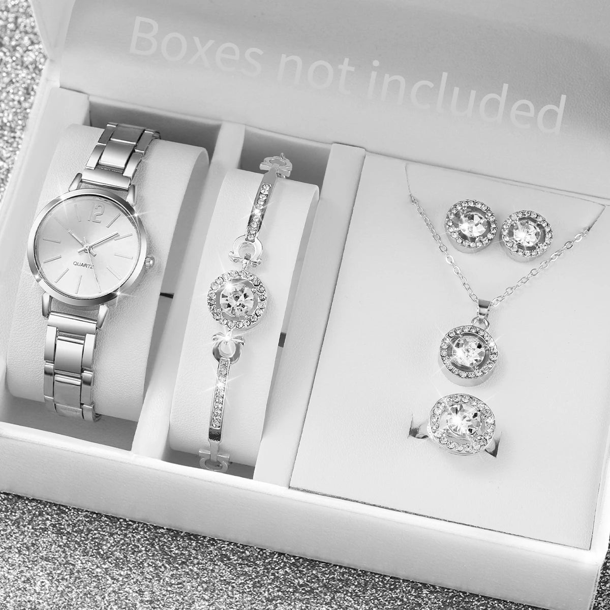 Women's Stainless Steel Quartz Watch & Diamond Jewelry Set – 6PCS Fashion Wristwatch