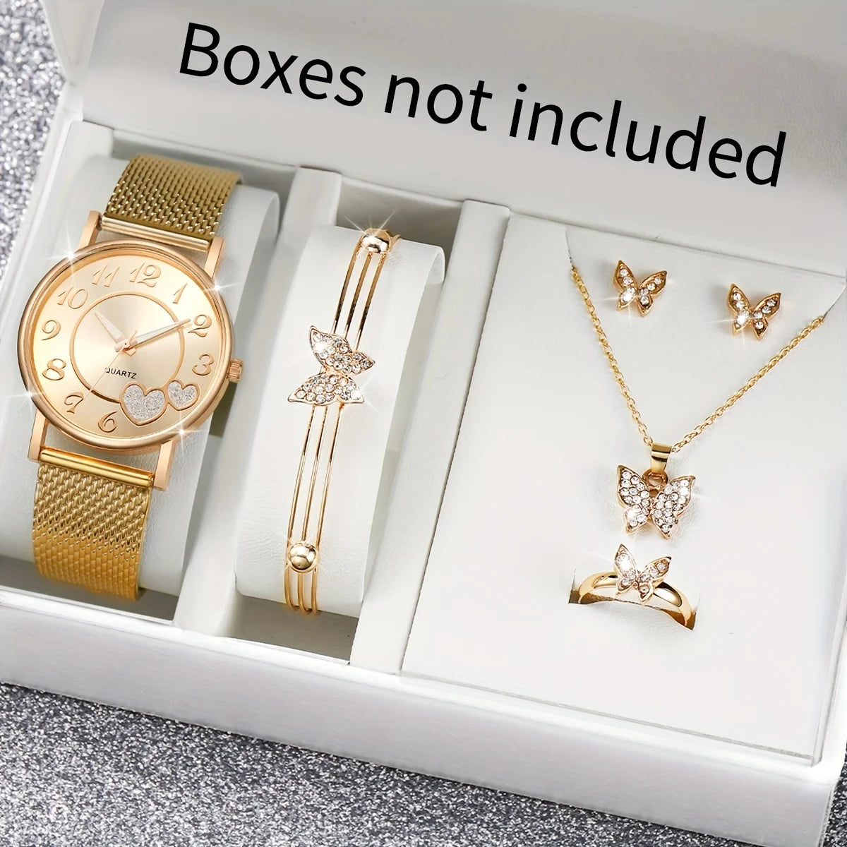 Fashion Heart Women's Quartz Watch & Butterfly Jewelry Set – 3/6PCS Golden Plastic Band Wristwatch