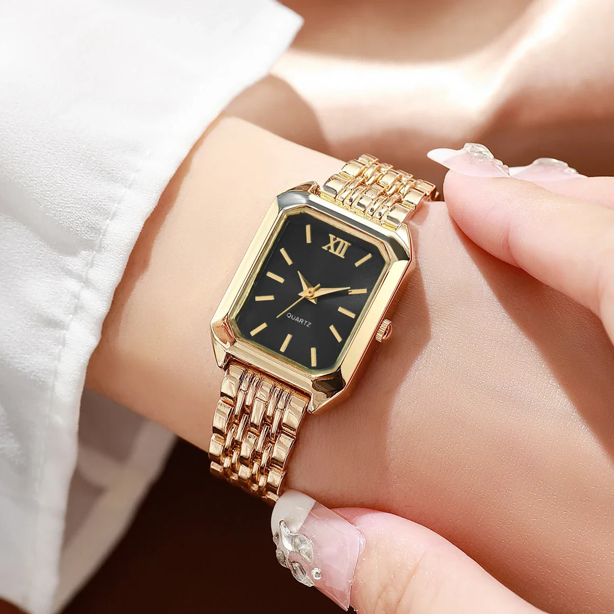 Fashion Rectangle Women's Quartz Watch & Rhinestone Bracelet Set – 2PCS Roma Dial Wristwatch