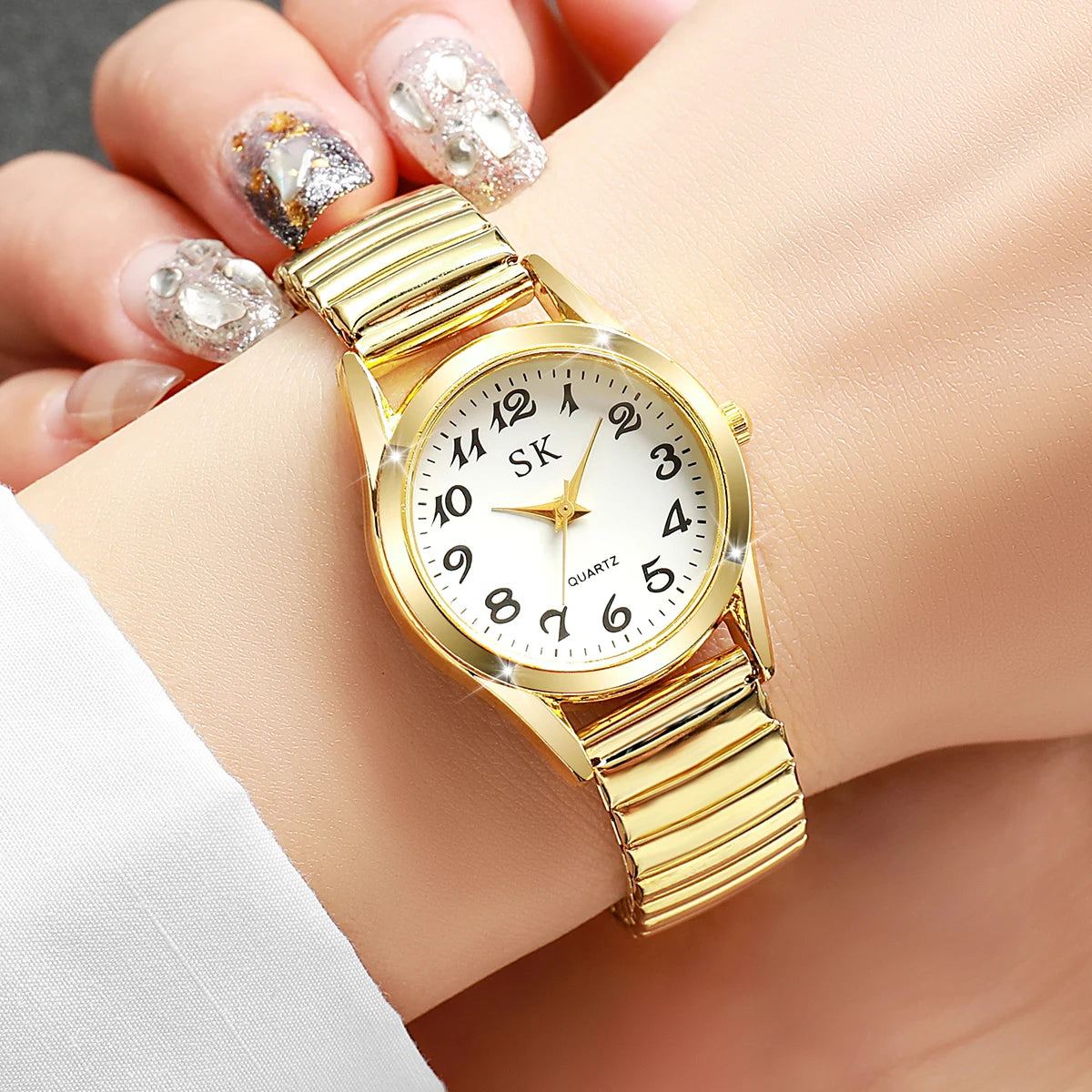 Elegant Elastic Strap Women's Quartz Watch – Small Arabic Dial Ladies Wristwatch Set