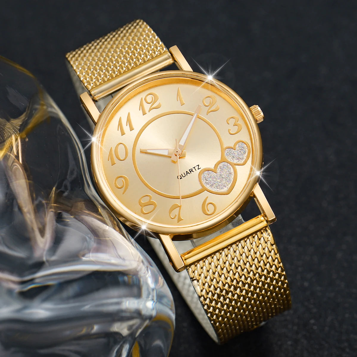 Fashion Heart Women's Quartz Watch & Butterfly Jewelry Set – 3/6PCS Golden Plastic Band Wristwatch