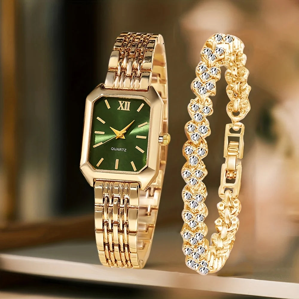 Fashion Rectangle Women's Quartz Watch & Rhinestone Bracelet Set – 2PCS Roma Dial Wristwatch
