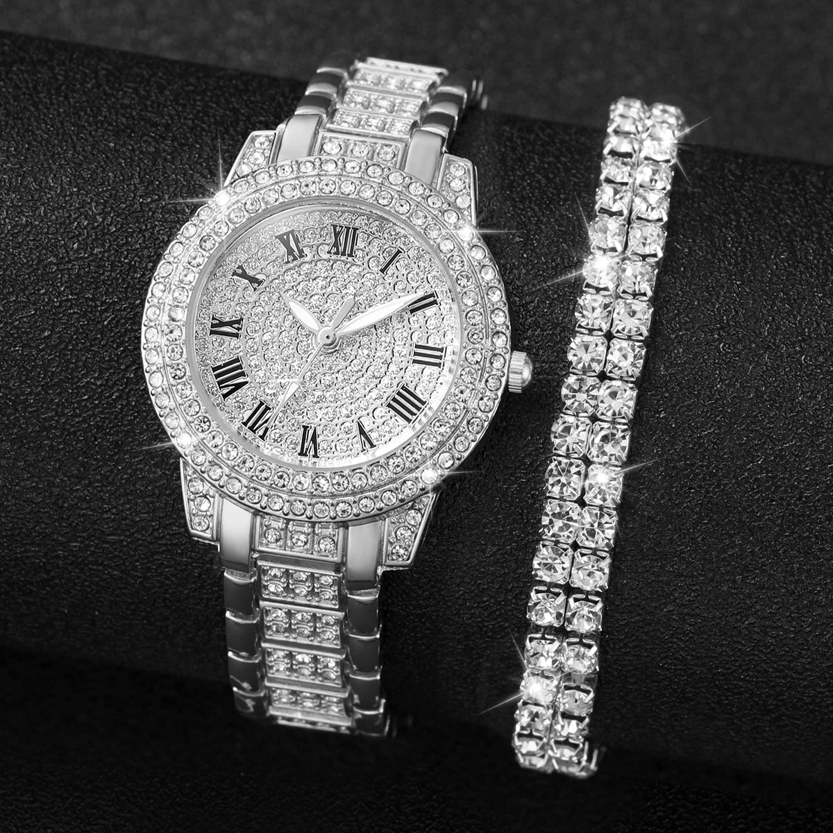 Luxury Full Diamond Women's Quartz Watch & Bracelet Set – 2PCS Gold Steel Band Wristwatch