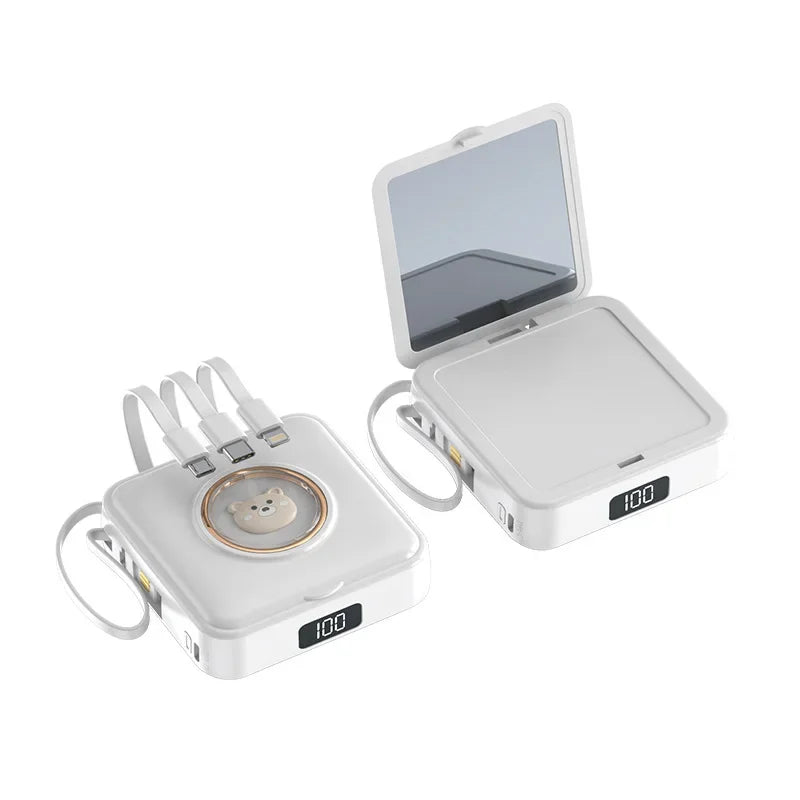 Mini Power Bank 20000mAh Portable Charger with Built-in 4 Cables Makeup Mirror Cute Pet Cartoon External Battery