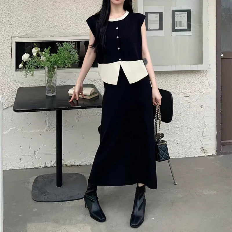Elegant Office Two-Piece Knitted Set - Sleeveless Button Top & High-Waist Split Skirt