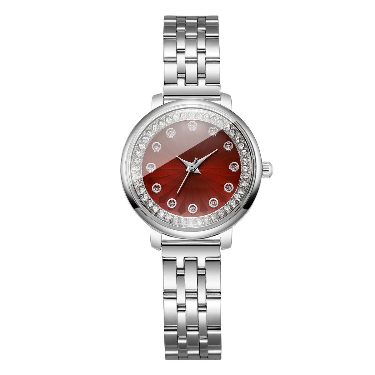 Luxury Red Dial Rhinestone Women's Quartz Watch – Stainless Steel Elegant Wristwatch