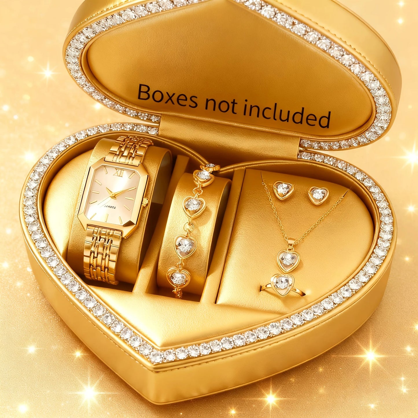 Elegant Rectangle Women's Quartz Watch & Rhinestone Jewelry Set – 6PCS Ladies Wristwatch