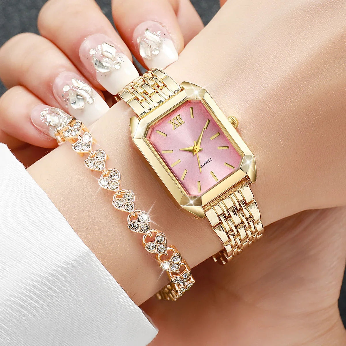 Elegant Rectangle Women's Quartz Watch & Heart Bracelet Set – 4PCS Ladies Wristwatch