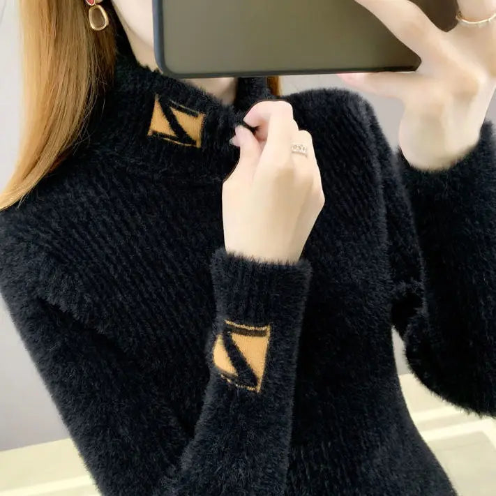 High Collar Pullover Sweater Women Mink Letter Jacquard Underlay Solid Western Knit Undercoat Autumn Winter Pullover Sweater