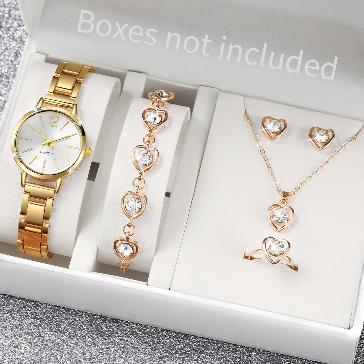 Women's Stainless Steel Quartz Watch & Diamond Jewelry Set – 6PCS Fashion Wristwatch