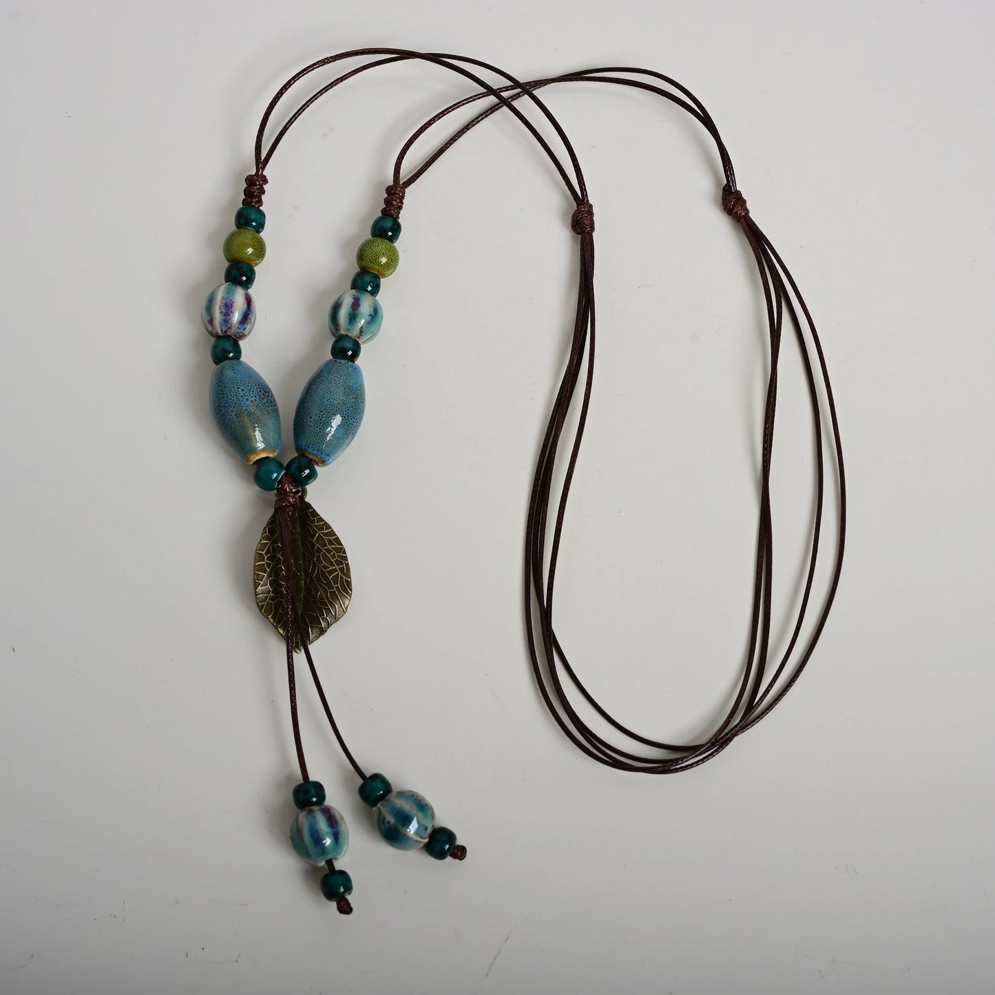 Handmade Ceramic Leaf Pendant Necklace – Adjustable Wax Cord Artisan Jewelry Gift