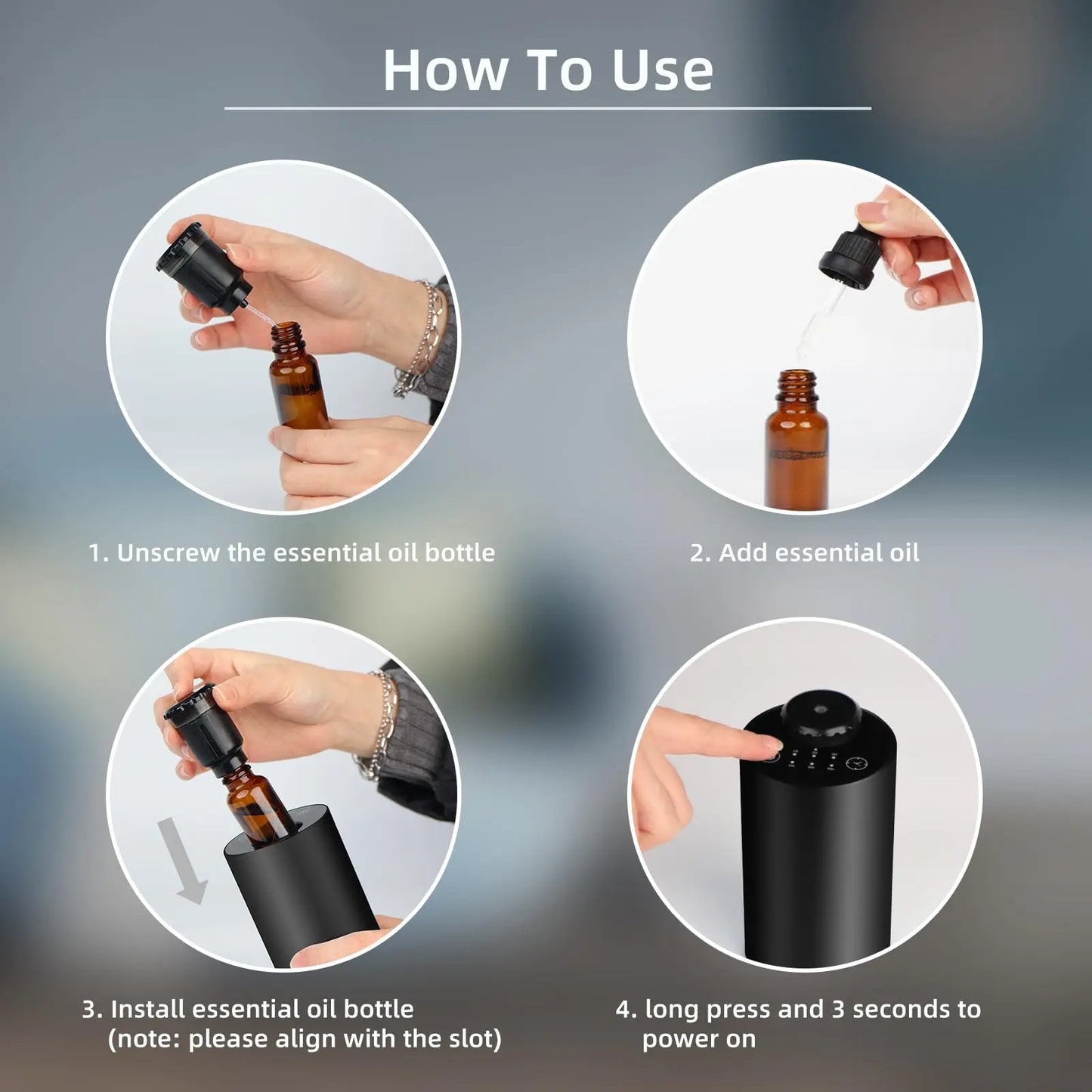 Rechargeable Waterless Essential Oil Diffuser Cordless Aromatherapy Car Diffuser with Timing Setting and 3 Fragrance Levels