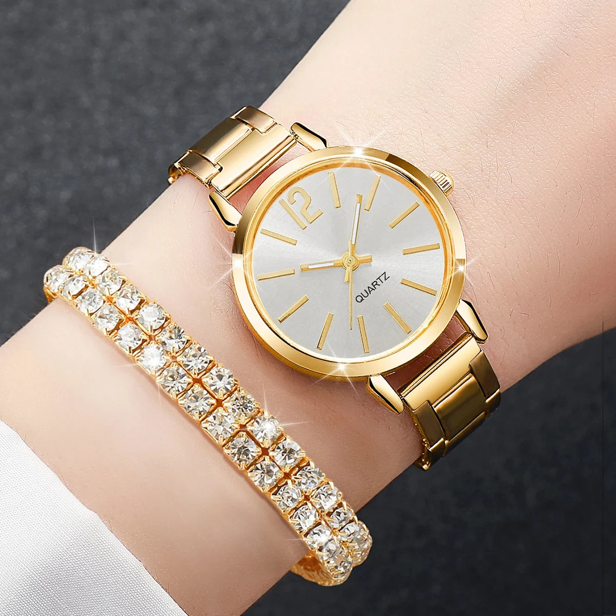 Women's Steel Band Quartz Watch & Diamond Bracelet Set – 6PCS Fashion Wristwatch