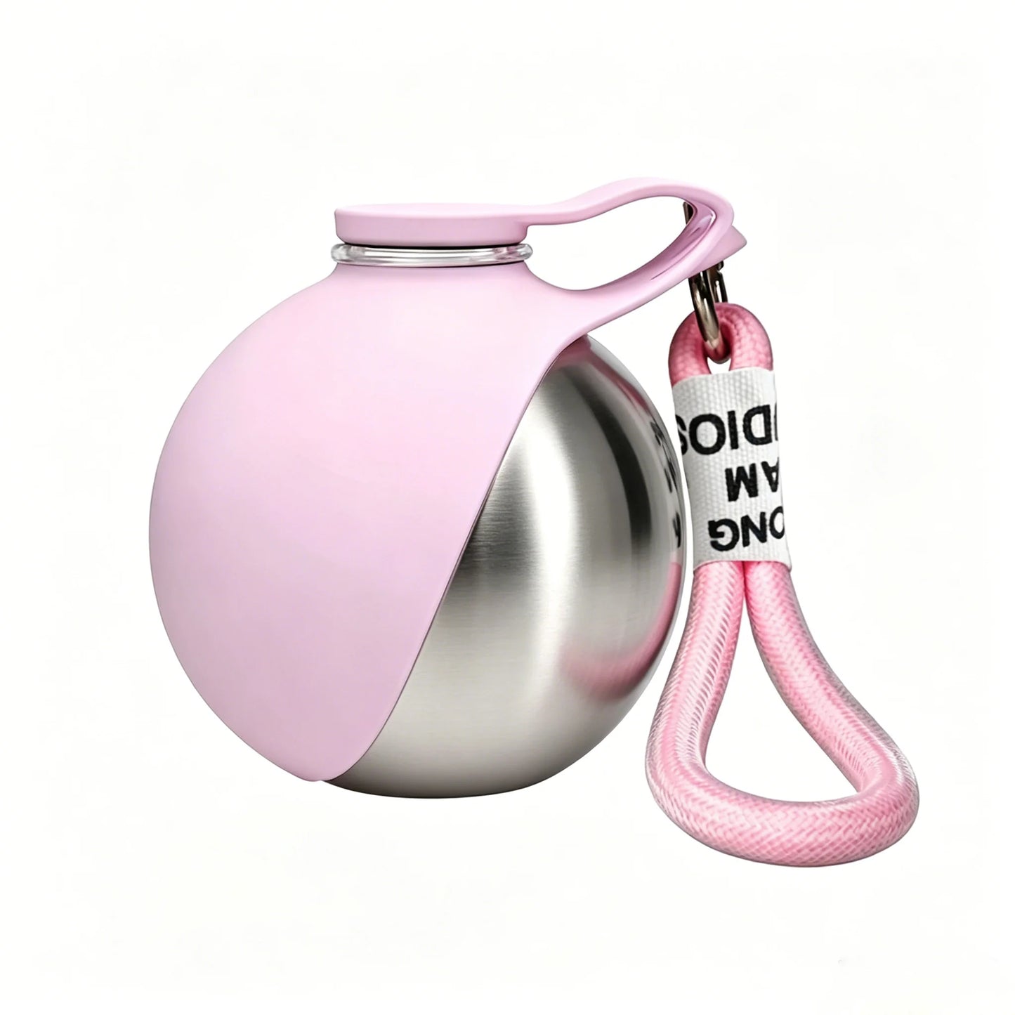 Stainless steel pet water bottle with pink and blue foldable bowls for outdoor preparation,