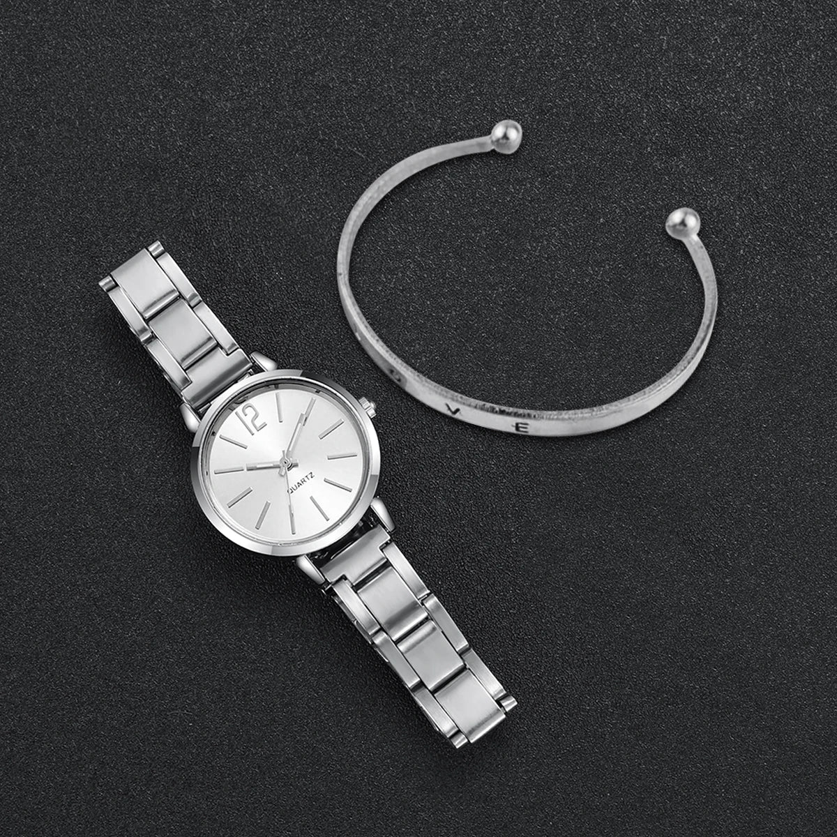 Women's Gold Steel Band Quartz Watch & Cuff Bracelet Set – 2PCS Fashion Wristwatch