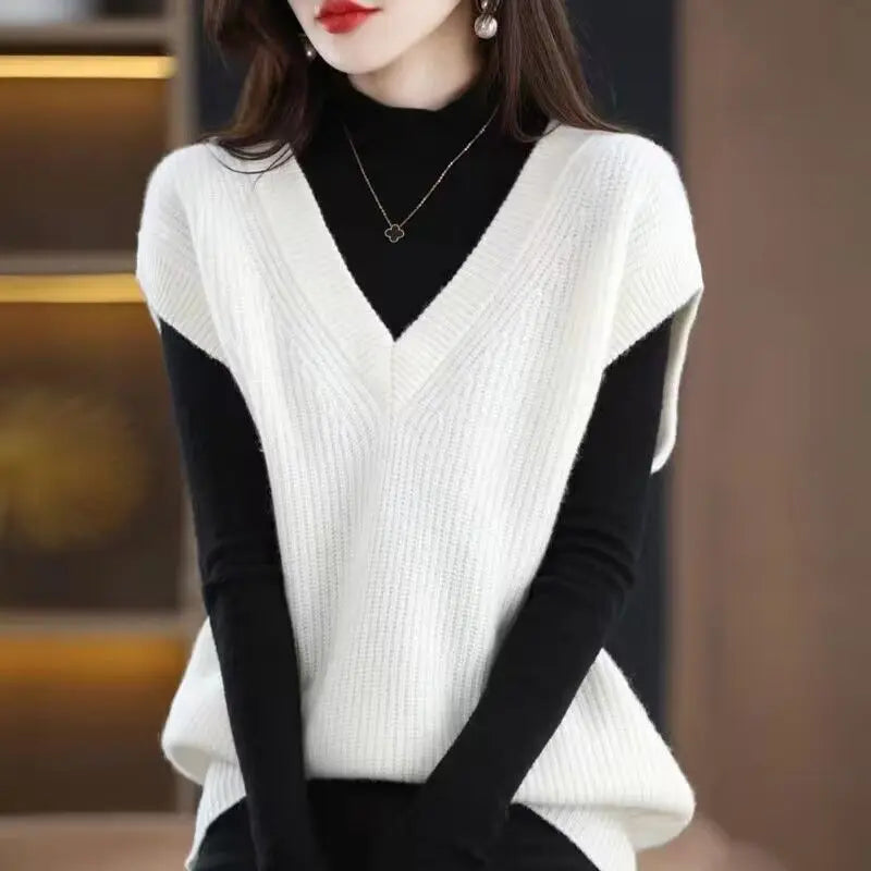 Autumn/Winter Women's V-Neck Knitted Vest - Loose Sleeveless Pullover