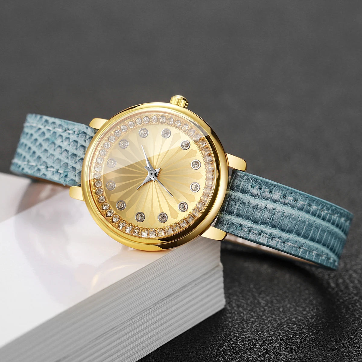 Elegant Women's Rhinestone Quartz Watch – Blue Leather Strap Ladies Wristwatch