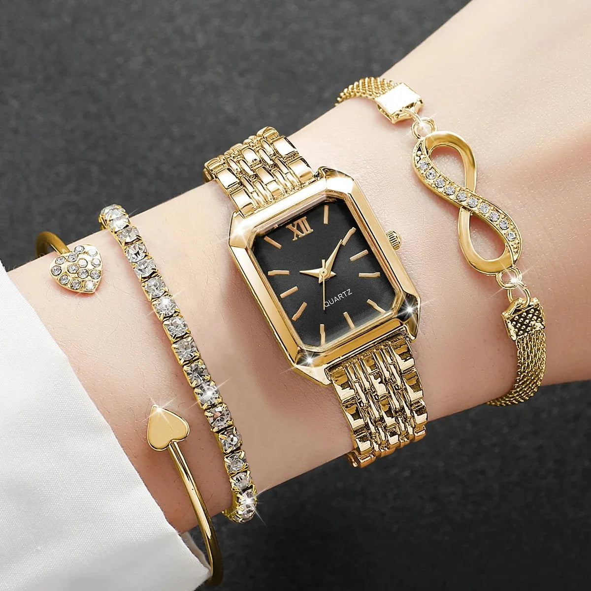 Elegant Rectangle Women's Quartz Watch & Rhinestone Bracelet Bangle Set – 4PCS Ladies Wristwatch