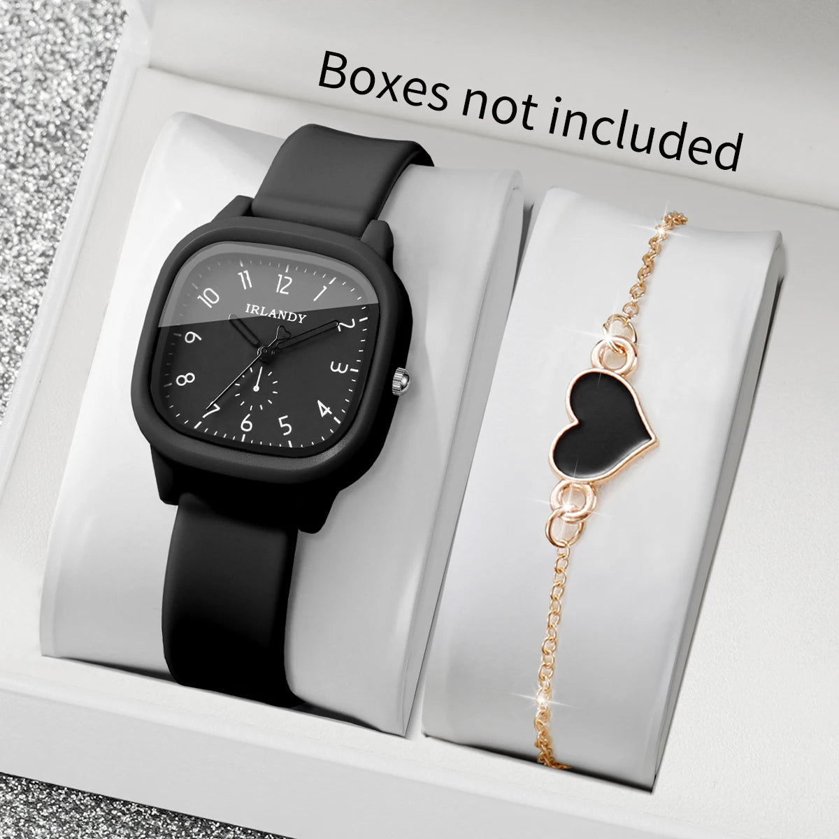 Fashion Arabic Dial Women's Quartz Watch & Heart Bracelet Set – 2PCS Square Silicone Wristwatch