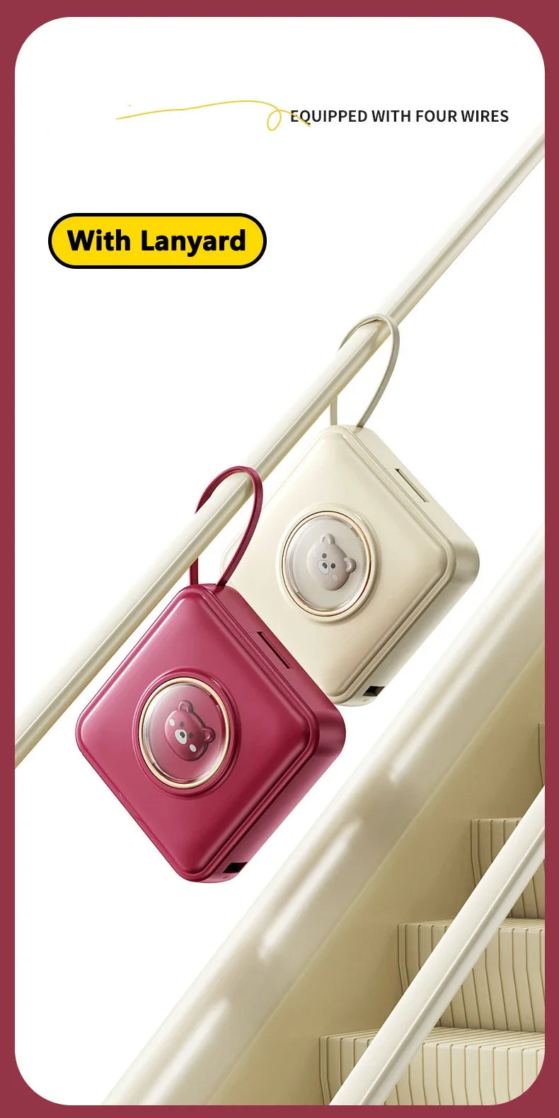 Mini Power Bank 20000mAh Portable Charger with Built-in 4 Cables Makeup Mirror Cute Pet Cartoon External Battery