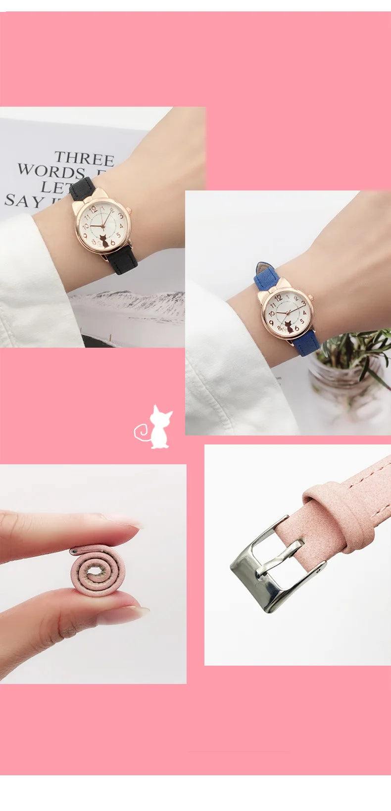 Kids' Cute Cat Cartoon Watch for Girls – Waterproof Quartz