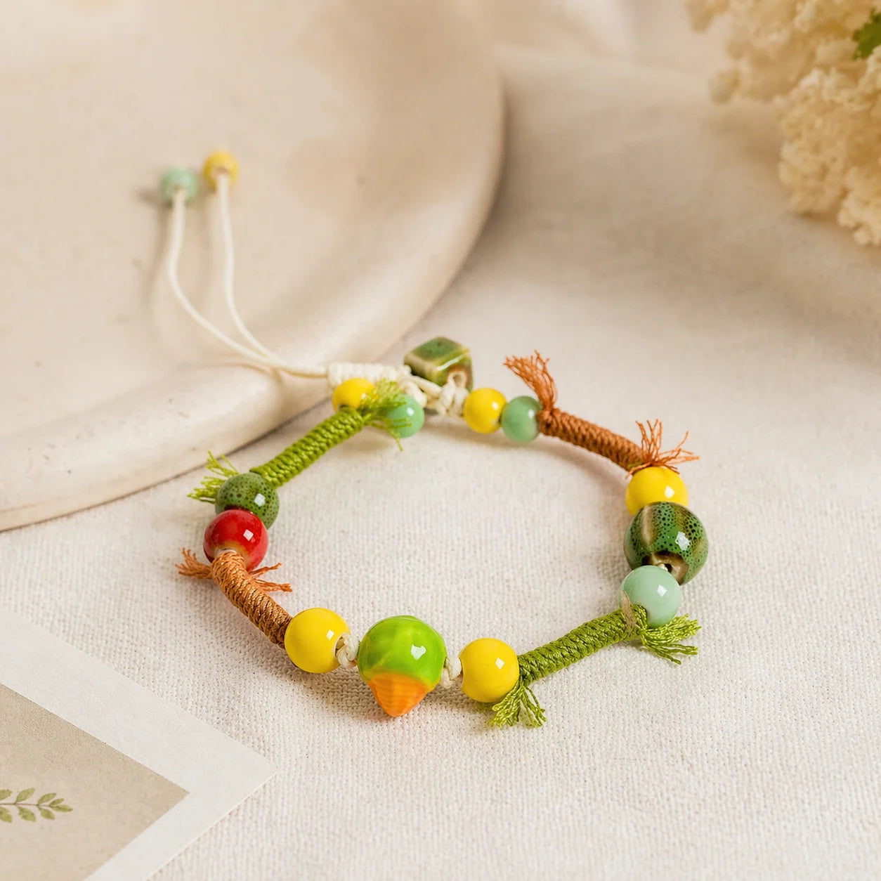 Handmade Ceramic Vegetable Bracelet – Corn & Carrot Braided Wax Cord Boho Jewelry for Women