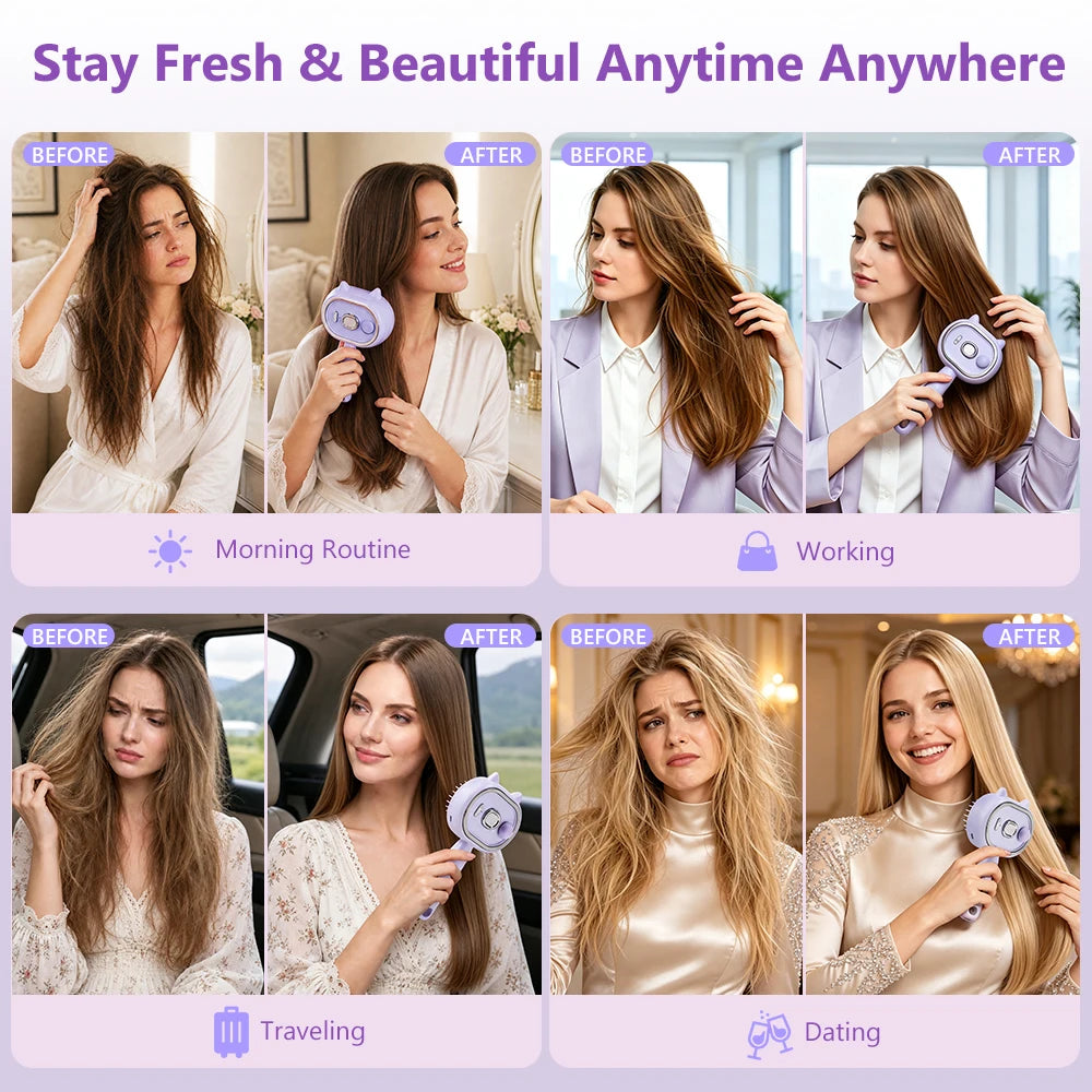 2-in-1 Misting Hair Brush – Water Spray Steam Comb for Frizz-Free Hair