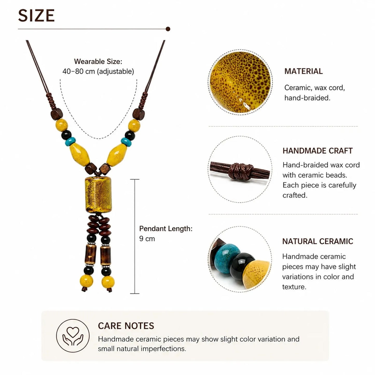 Handmade Ceramic Beaded Pendant Necklace – Adjustable Wax Cord Artisan Jewelry Gift for Women