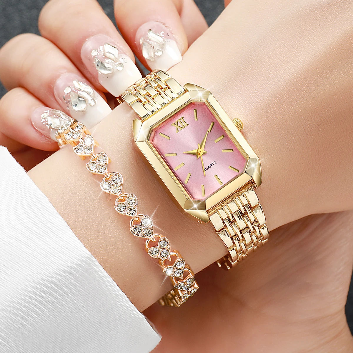Elegant Rectangle Women's Quartz Watch & Heart Bracelet Set – 4PCS Ladies Wristwatch