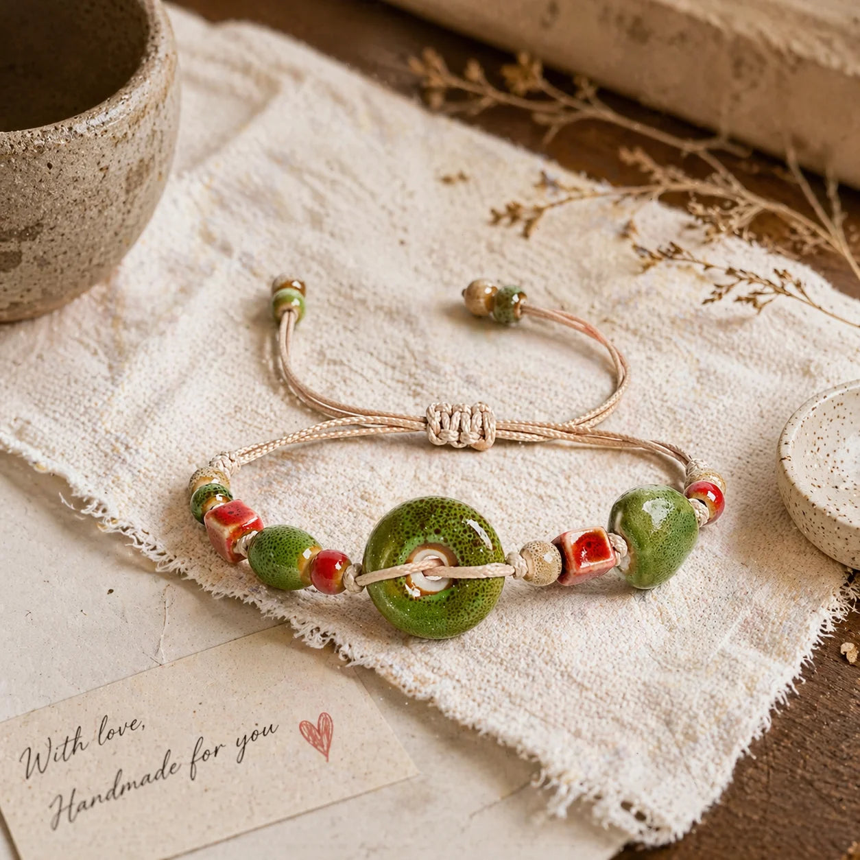 Handmade Ceramic Heart Button Bracelet – Adjustable Braided Cord Boho Jewelry for Women
