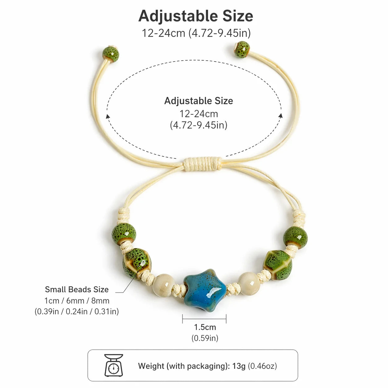 Handmade Ceramic Star Bracelet – Adjustable Braided Wax Cord Blue Charm Jewelry for Women