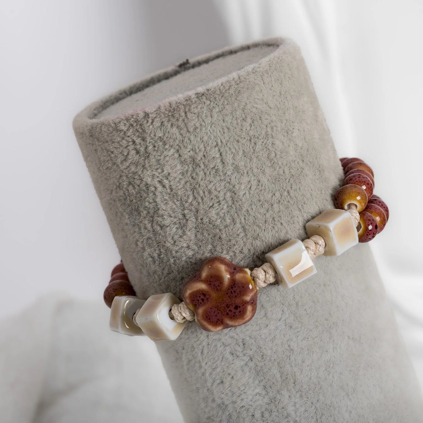 Handmade Ceramic Purple Flower Bead Bracelet – Glazed Charm Wax Cord Jewelry Gift