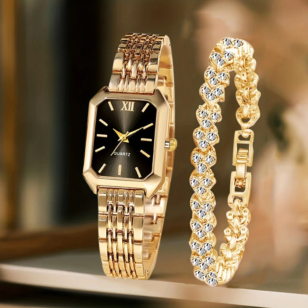Fashion Rectangle Women's Quartz Watch & Rhinestone Bracelet Set – 2PCS Roma Dial Wristwatch
