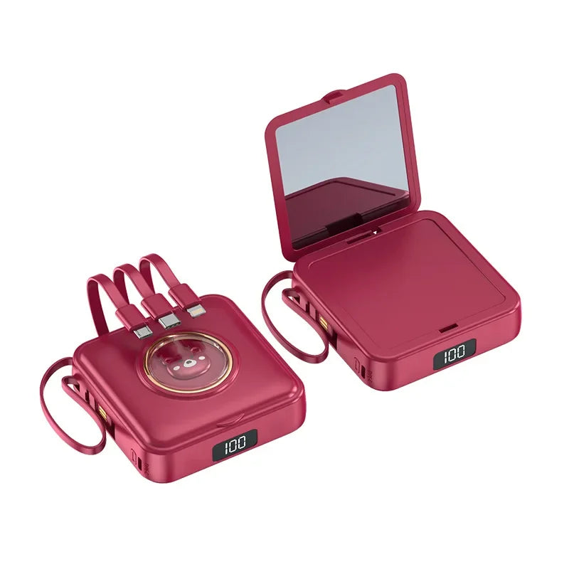 Mini Power Bank 20000mAh Portable Charger with Built-in 4 Cables Makeup Mirror Cute Pet Cartoon External Battery