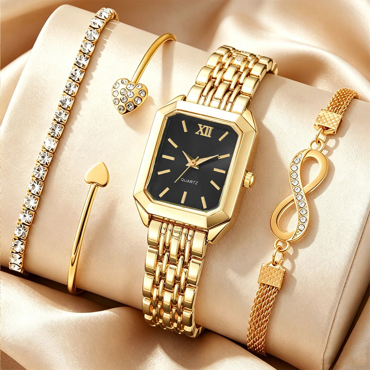 Elegant Rectangle Women's Quartz Watch & Rhinestone Bracelet Bangle Set – 4PCS Ladies Wristwatch