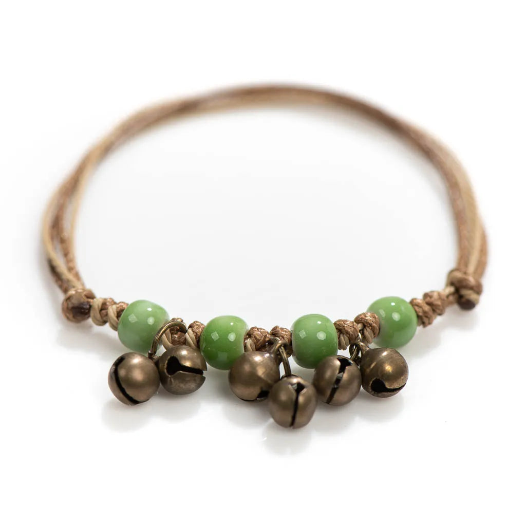 Handmade Ceramic Bead Bracelet with Small Bell – Adjustable Artisan Jewelry Gift