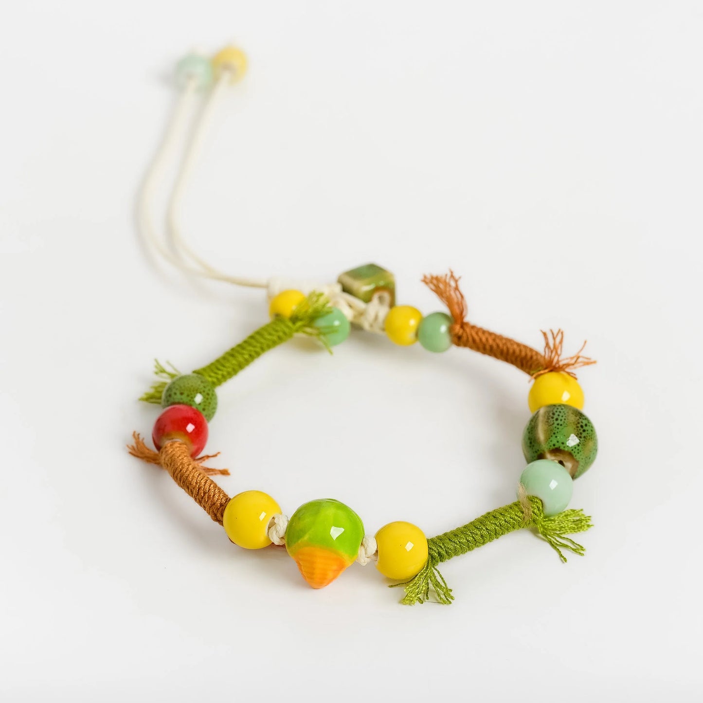 Handmade Ceramic Vegetable Bracelet – Corn & Carrot Braided Wax Cord Boho Jewelry for Women