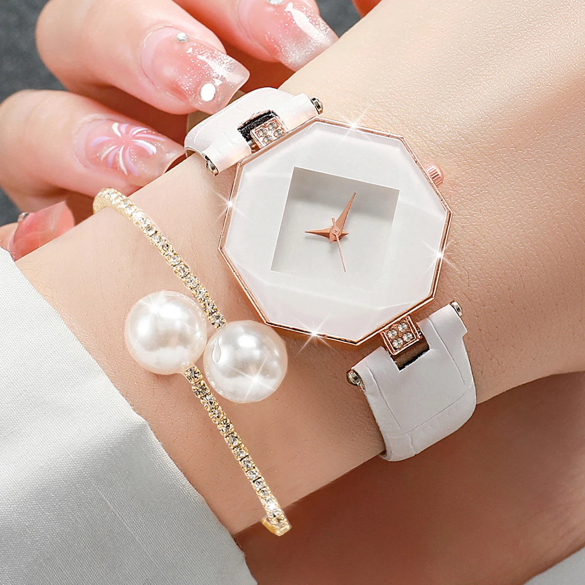 Fashion Women's Leather Band Quartz Watch & Pearl Bracelet Set – 2PCS Analog Wristwatch