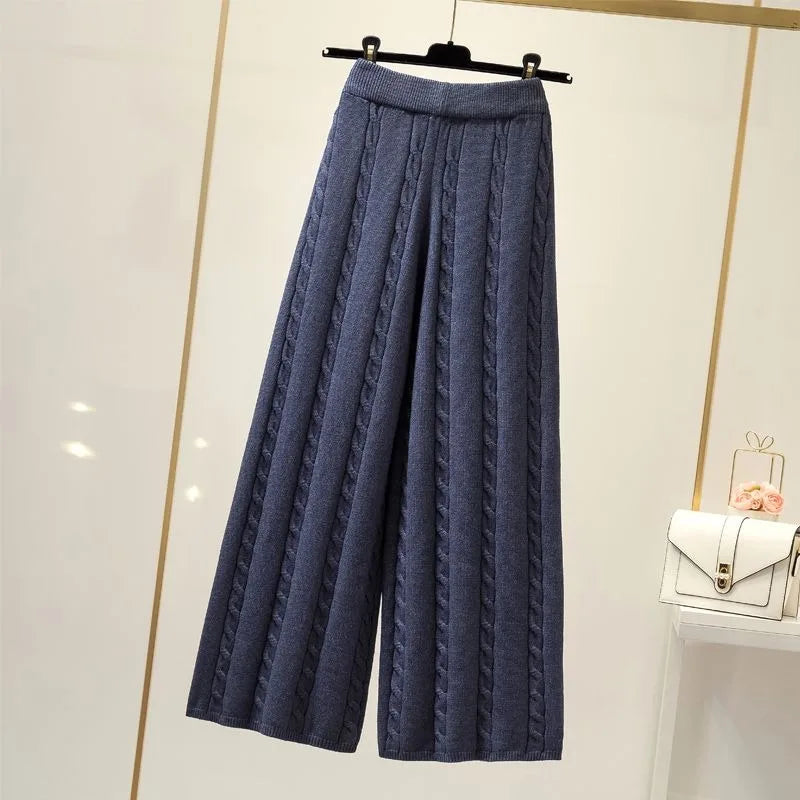 Winter Knitted Wide Leg Pants Women High Waist Drop Loose Knitted Straight Leg Pants Casual Cropped Wide Leg Pants Female Tops