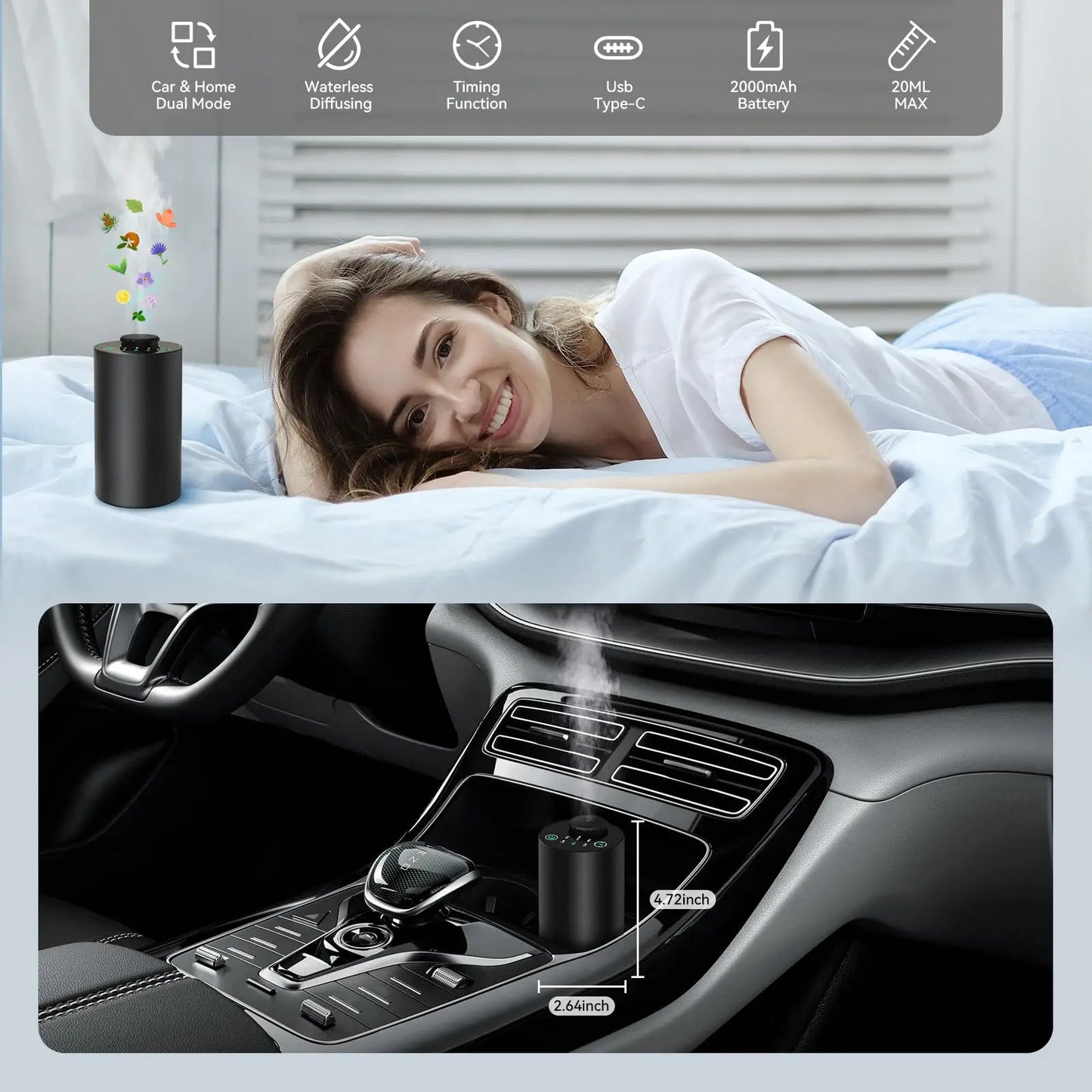 Rechargeable Waterless Essential Oil Diffuser Cordless Aromatherapy Car Diffuser with Timing Setting and 3 Fragrance Levels
